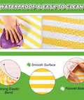 Close-up of waterproof yellow and white Stripe Picnic Table Cover Set With Bench Covers 72 X 30 Inch Fitted Waterproof Vinyl Tablecloth For 6 Ft Tables Elastic Edges 3 Piece Outdoor Dining Protector For Park School Camping Yellow And White showing elastic edges and material details