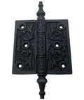 Close-up of 6 Inch Antique Style Black Iron Hinge Set For Doors Gates Cabinets And Barn Doors Heavy Duty Victorian Decor Hinges.