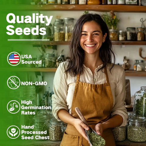 Woman in apron holding herbs in a shop filled with jars, promoting Ancestral Apothecary Medicinal Tea Herb Seed Chest With 40 Heirloom Non GMO Seeds For Planting Oregano Basil Chamomile Lavender And More In Raised Beds And Windowsills A Thoughtful Garden Gift For Women And Men