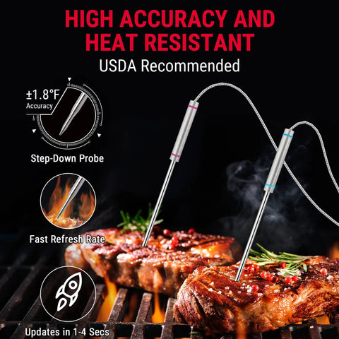Wireless Meat Thermometer With Four Probes For Grilling And Smoking Up To 1000 Feet RF Remote BBQ Thermometer For Outdoor Cooking Stable Connection No Bluetooth Needed Easy Temperature Monitoring From Anywhere used on steaks on grill showcasing accuracy and heat resistance.