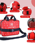 Ultimate 530 Piece Go-To First Aid Kit For Home Car Camping Travel Hiking And Outdoor Adventures With Scissors Gloves Poncho Compass Bandages And Comprehensive Medical Supplies For Any Situation, showing red bag with straps and compartments.