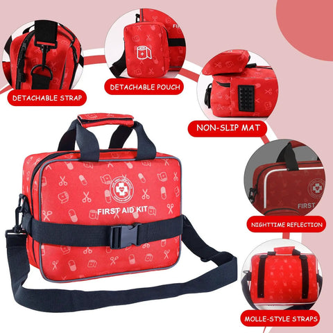 Ultimate 530 Piece Go-To First Aid Kit For Home Car Camping Travel Hiking And Outdoor Adventures With Scissors Gloves Poncho Compass Bandages And Comprehensive Medical Supplies For Any Situation, showing red bag with straps and compartments.