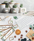 48 Pieces Rustic Bloom Name Tags Self Adhesive Labels With Succulent Theme for desk and classroom decor displayed with succulents