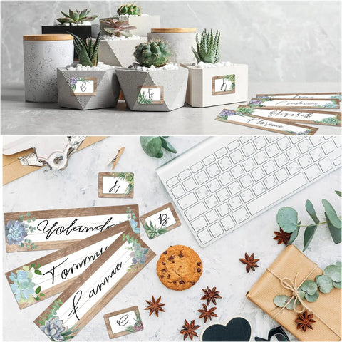 48 Pieces Rustic Bloom Name Tags Self Adhesive Labels With Succulent Theme for desk and classroom decor displayed with succulents