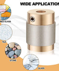 Front view of 1-inch diamond glass grinder bit head for stained glass, with gold end caps and textured gray grip