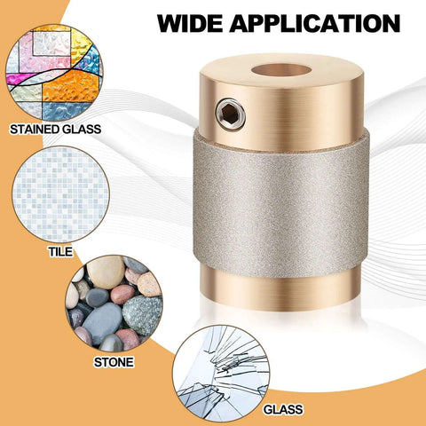 Front view of 1-inch diamond glass grinder bit head for stained glass, with gold end caps and textured gray grip