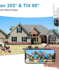2K Solar Wireless Outdoor Security Camera With 360 Degree PTZ mounted on house, viewed on smartphone with pan tilt feature