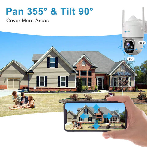 2K Solar Wireless Outdoor Security Camera With 360 Degree PTZ mounted on house, viewed on smartphone with pan tilt feature
