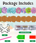 Package contents of Succulent Diamond Art Coaster Set With Holder And Cork Bases, 8 Piece Flower Diamond Painting Coaster Kit For Beginners And Adults, DIY Home Decor Gift With Pen, Tray, Glue And Diamonds.