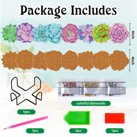 Package contents of Succulent Diamond Art Coaster Set With Holder And Cork Bases, 8 Piece Flower Diamond Painting Coaster Kit For Beginners And Adults, DIY Home Decor Gift With Pen, Tray, Glue And Diamonds.
