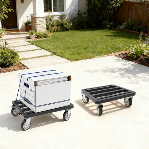 Heavy Duty Furniture Dolly With Smooth Rolling Locking Casters, Rock Solid Steel Folding Moving Platform, No Sweat Collapsible Hand Truck For Quick Sofa And Machine Moving, 1200 Lb Capacity holding stacked boxes in outdoor setting.
