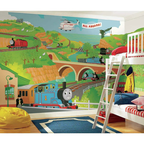 Kids room with Thomas the Train wall mural featuring trains and countryside, opposite a bunk bed and colorful bean bag.