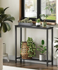 Slick Industrial Console Table For Tight Spaces, Hella Compact Two Tier Sofa Table With Open Storage Shelves, Matte Black Finish in a living room with plants.