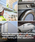 Collage showing construction, appliance repair, transportation, and aviation, illustrating uses for Urethane Adhesive DP620NS Black 48.5 mL Duo-Pak.