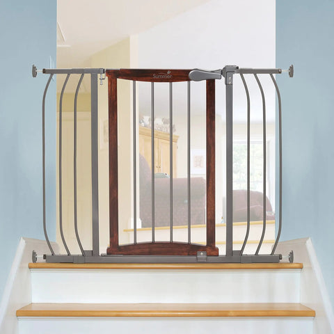Walk Through Baby And Pet Gate With Walnut Wood And Charcoal Metal Accents, Easy Install For Doorways, Stairways, 28-42.5 inches