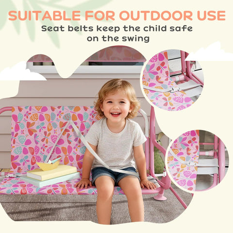 Child sitting on Kids 2 Seater Patio Porch Swing With Adjustable Canopy And Safety Belt Pink Butterfly Pattern Hanging Swing Bench For Garden And Backyard Sturdy Steel Frame With Non Slip Feet.