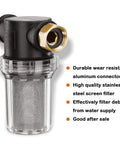 Inline Garden Hose Filter Attachment With One Hundred Mesh And Forty Mesh Screens Includes Two O Rings Three Quarters Inch Inlet Adapter, black and transparent