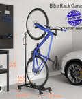 Vertical Bike Stand With Easy Rolling Wheels And Adjustable Height For 29 Inch Wheels, holding blue bike in garage