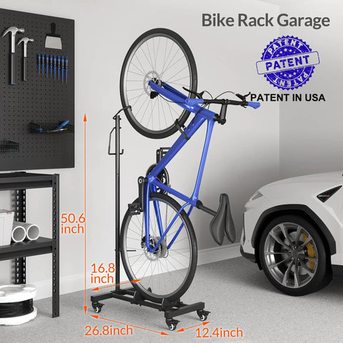 Vertical Bike Stand With Easy Rolling Wheels And Adjustable Height For 29 Inch Wheels, holding blue bike in garage
