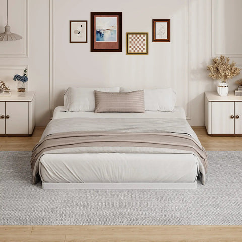 King Size 2 Inch Low Profile Box Spring Heavy Duty Bunkie Board Mattress Foundation With Fabric Cover on a bed in a stylish bedroom.