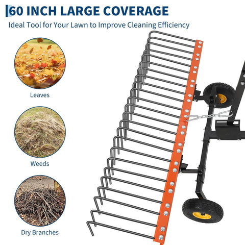 60 Inch Tow Behind Lawn Dethatcher And Landscape Rake With 24 Tines Heavy Duty Steel Pine Straw Rake for ATV UTV and Garden Tractors
