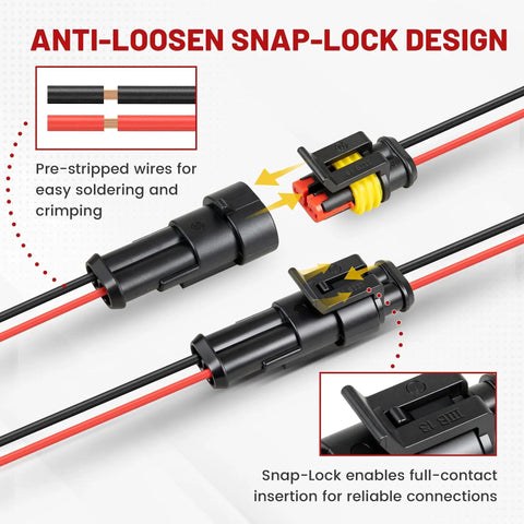 2 Pin Waterproof 16 AWG Automotive Wire Heavy Duty Connector Kit With Snap Lock Seal showing pre-stripped wires and snap-lock feature