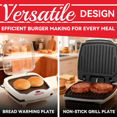 SugarWhisk 1200 Watt Electric Indoor Hamburger Grill Press With Nonstick Plates Panini Maker showing bread warming and grill plates.