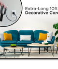 Go To Three Outlet Power Strip Surge Protector Kit with 10 Foot Braided Flat Extension Cords plugged next to turquoise sofa
