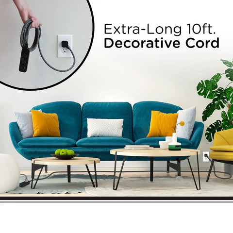 Go To Three Outlet Power Strip Surge Protector Kit with 10 Foot Braided Flat Extension Cords plugged next to turquoise sofa