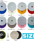 Set of 4 Inch Diamond Polishing Pads Kit With 5 8 11 Backer Pad 12 Pcs Wet Dry Granite Marble Concrete Quartz Polishing Pads Range 50 6000 Grit For Drill Grinder Polisher Pro Grade, including 8 diamond pads labeled by grit.