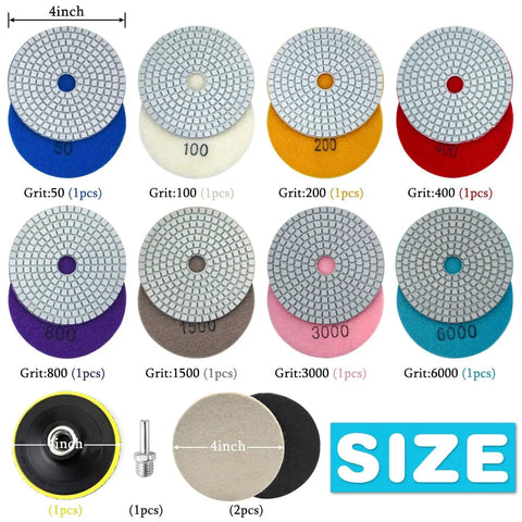 Set of 4 Inch Diamond Polishing Pads Kit With 5 8 11 Backer Pad 12 Pcs Wet Dry Granite Marble Concrete Quartz Polishing Pads Range 50 6000 Grit For Drill Grinder Polisher Pro Grade, including 8 diamond pads labeled by grit.