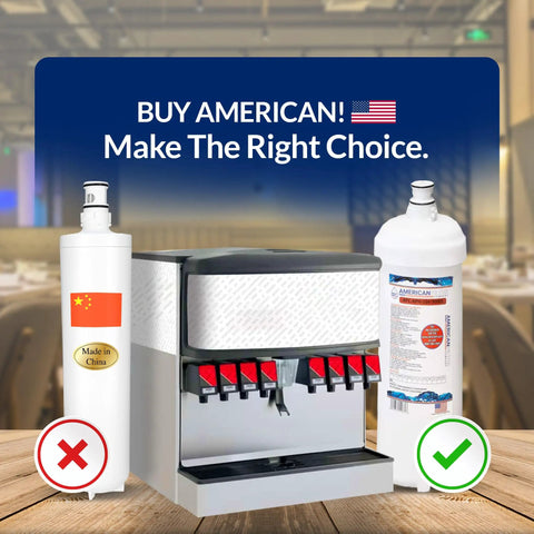 Top Shelf Replacement Water Filters For Bunn Easy Clear Eqhp Tea Brewer 12 Pack Premium Coconut Carbon Blocks beside a Bunn Tea Brewer.