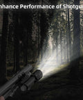 Tactical Shotgun Barrel Clamp Mount With Dual Picatinny Rails for 12 Gauge Shotguns in forest setting with flashlight beam