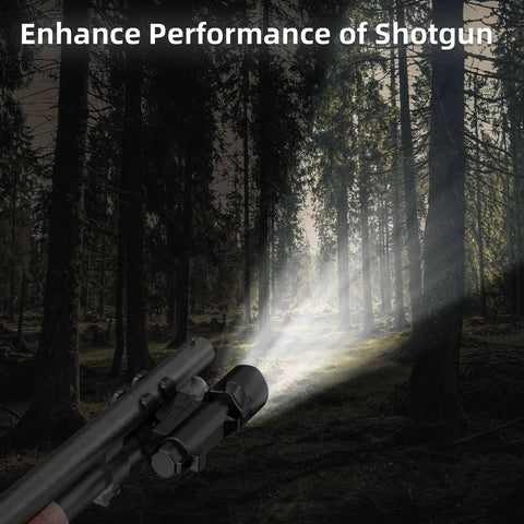 Tactical Shotgun Barrel Clamp Mount With Dual Picatinny Rails for 12 Gauge Shotguns in forest setting with flashlight beam