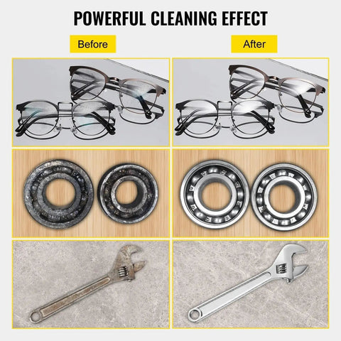 Before and after images showing cleaning results of glasses, metal parts, and tools with Compact 3 Liter Ultrasonic Cleaner Machine For Jewelry Glasses Tools And Dishes With Eco Friendly Sound Wave Technology Delivers Straight Up Hella Spotless Results Daily.