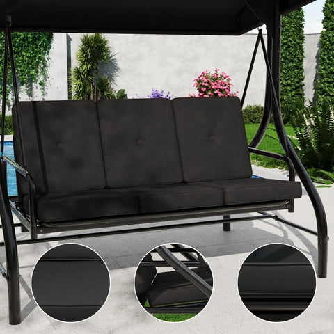 Three-Seat Outdoor Porch Swing With Adjustable Canopy For Sun Protection, Sturdy 800 Lb Heavy Duty Steel Frame, Reclines To A 180 Degree Swing Bed, Cup Holder Trays, Cushions And Pillows For Garden, Black shown with cushions.