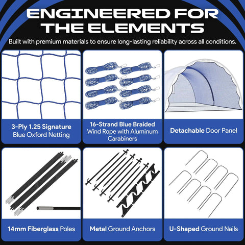 22 Ft By 12 Ft By 8 Ft Baseball And Softball Batting Cage With Easy Setup includes 3-ply blue netting and 14mm fiberglass poles