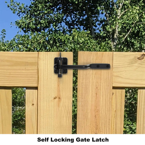 2 Pack Gate Latch For Wooden Fences, Gravity Self Locking, Heavy Duty Stainless Steel Hardware Kit installed on outdoor gate