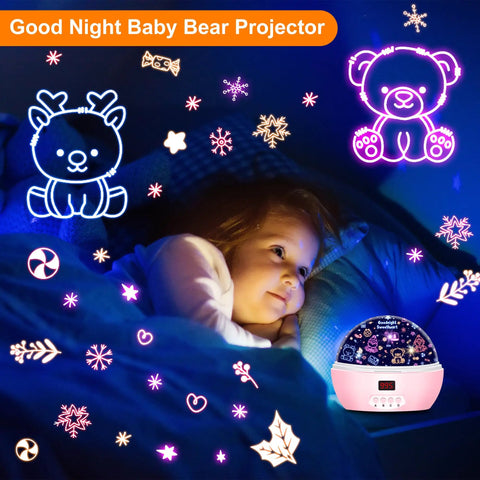 Child enjoying moon and stars with Star Light Rotating Projector For Kiddo Crew, Moon And Stars Night Light with 4 LED Bulbs, white.
