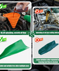 Comparison of orange funnel and wrinkled material, Three Piece Silicone Oil Drain Funnel Set For Spill Free Oil Changes Reusable Foldable Pouring Funnels