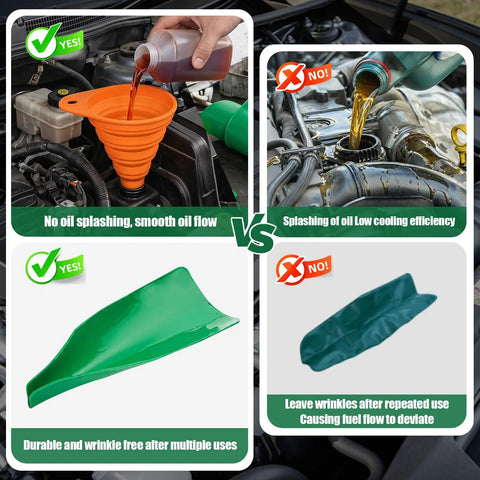 Comparison of orange funnel and wrinkled material, Three Piece Silicone Oil Drain Funnel Set For Spill Free Oil Changes Reusable Foldable Pouring Funnels