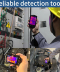 Person using Pocket Thermal Camera With 160x120 Infrared Resolution, High Precision Temp Readings in electrical panel and car engine.