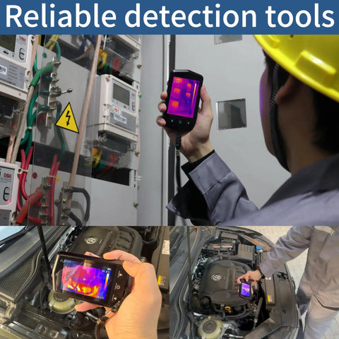 Person using Pocket Thermal Camera With 160x120 Infrared Resolution, High Precision Temp Readings in electrical panel and car engine.