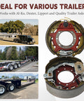 Electric trailer brake assembly pair for 9k–10k lb axles; close-up cross-section view with red backing plate and drum