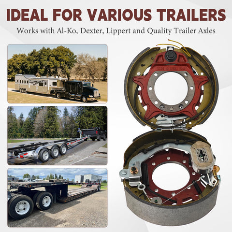 Electric trailer brake assembly pair for 9k–10k lb axles; close-up cross-section view with red backing plate and drum