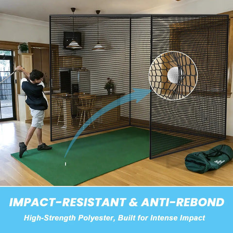 Golfer practicing with Golf Practice Hitting Net For Backyard Driving Range And Garage Batting Cage, 10 x 10 x 10 Ft, Heavy Duty 5 Layer Polyester Mesh With Roped Edges, Indoor Outdoor, Ideal For Golf Simulators, Frame Not Included
