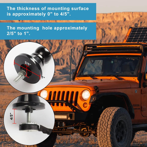 Waterproof All Weather Marine AM FM Antenna For Golf Cart ATV UTV RV Boat Truck Tractor Yacht Pontoon With Mounting Base Flexible Mast Radio Antenna For Car Stereo And Outdoor Use displayed with vehicle and mounting detail.