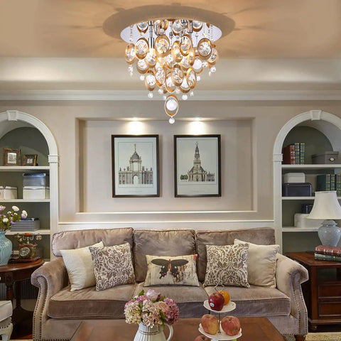 4 Light Modern Crystal Copper Flush Mount Chandelier Next Level 3 Tier Semi Flush Ceiling Light Fixture in living room