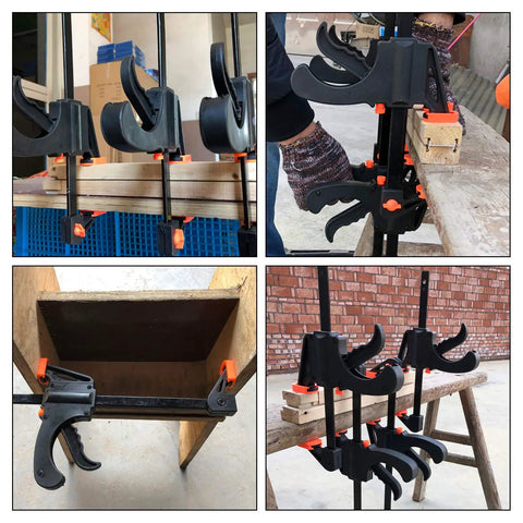 4 Inch Bar Clamps For Woodworking 8 Pack Quick Grip One Handed Ratchet Clamps securing wood pieces in a workshop setting