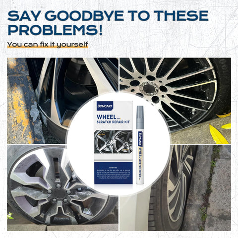 Wheel Scratch Repair Kit For Cars Rim Touch Up Paint Pen In Silver Curb Rash Repair For Metal Wheel Scratches Dents And Scuffs Quick Easy Restoration shown with car rims.